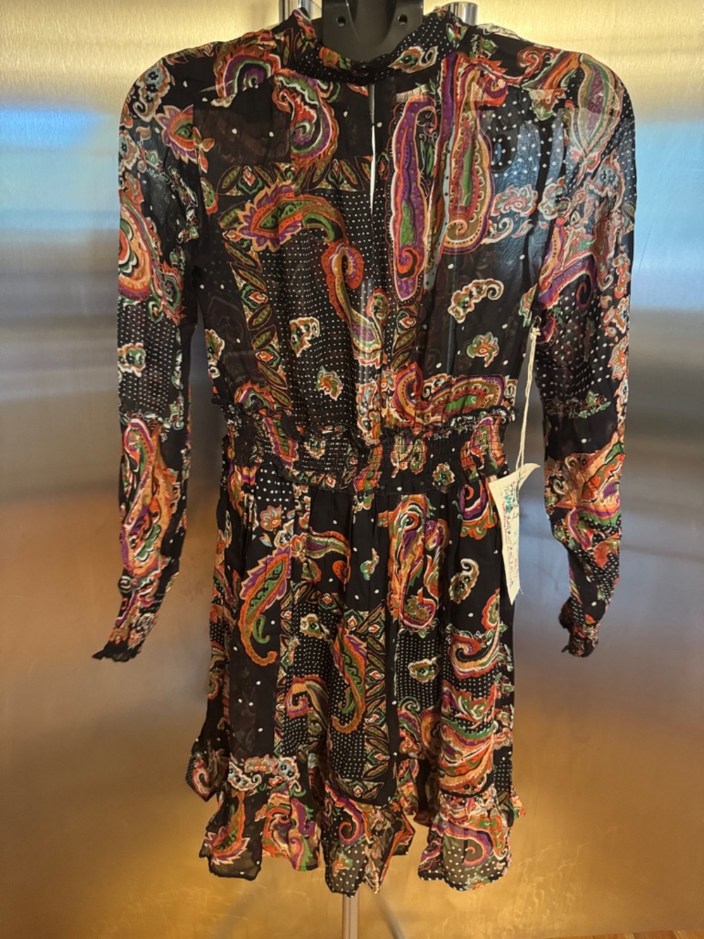 Black Paisley-Print Long Sleeve Mini Dress